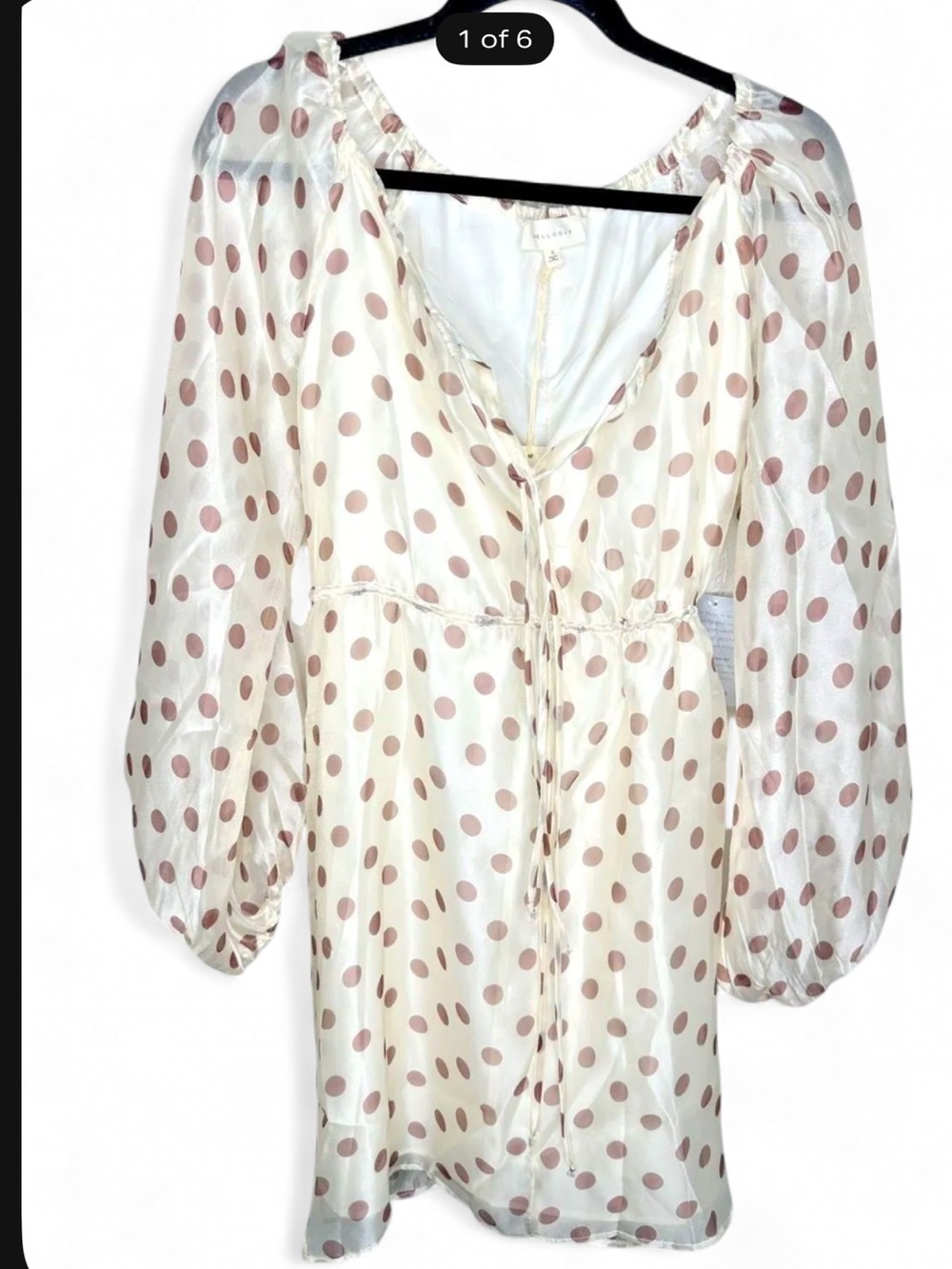 NEW Melloday Dress Womens Small Long Sleeve V Neck Satin Sheer Ivory Polka Dot